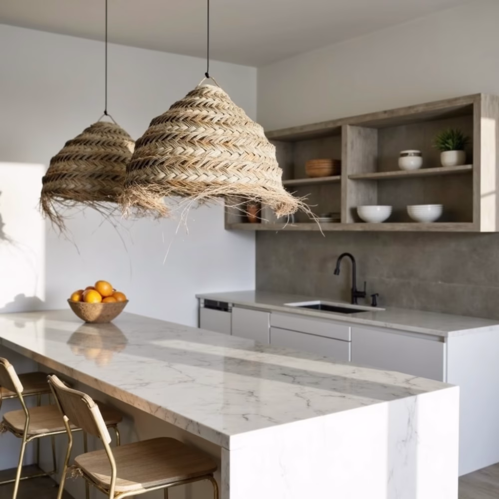 Row of handwoven straw pendant lights illuminating modern kitchen island