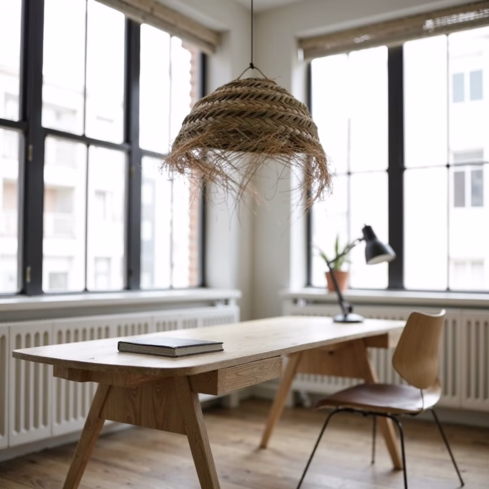 Straw pendant lamp bringing natural texture to bright dining space with large windows