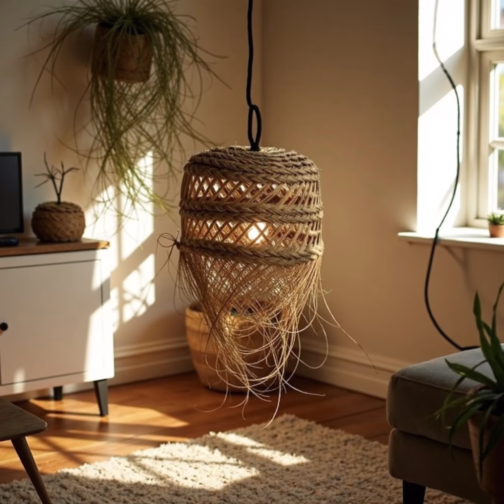 Natural straw pendant lamp illuminating cozy living room corner