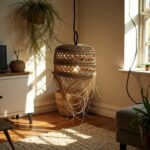 Handwoven straw pendant light with lattice weave and fringe detail illuminated by natural sunlight