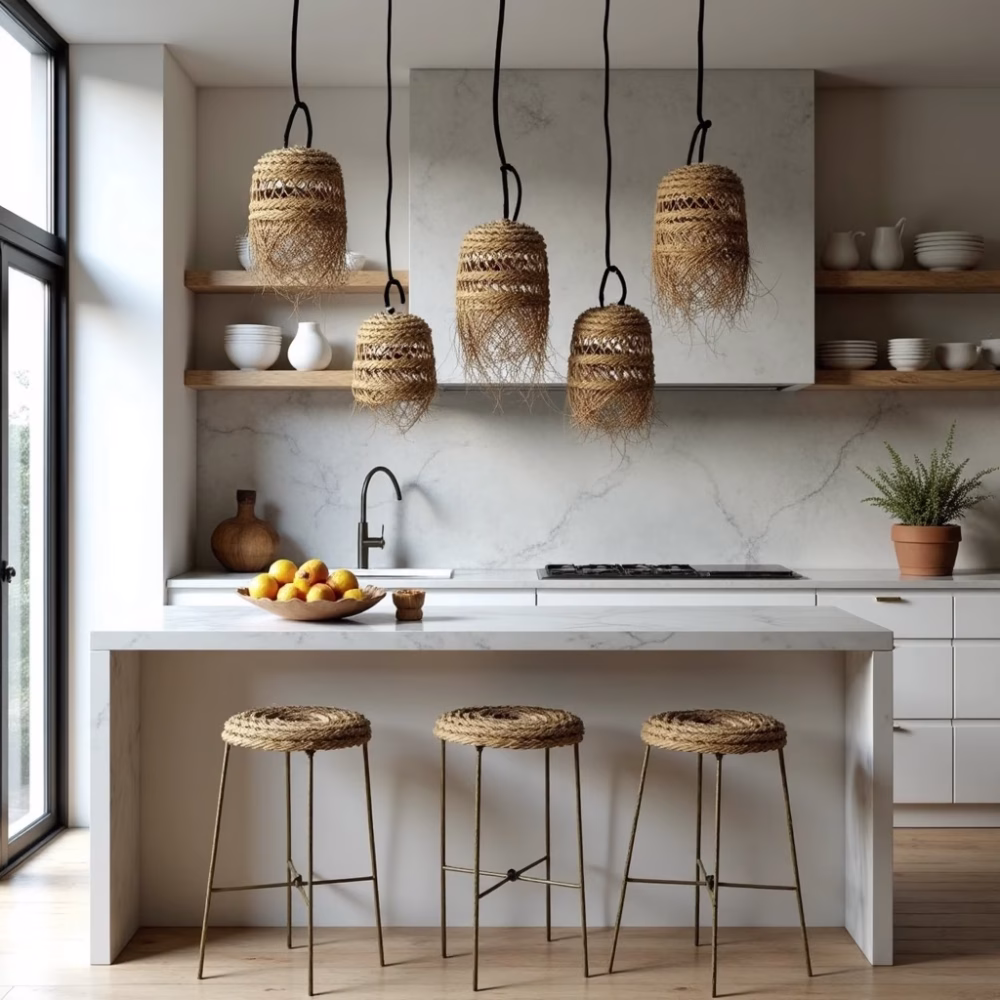 Contemporary kitchen with row of straw pendant lamps above island