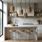 Multiple handwoven straw pendant lights with fringe hanging over kitchen island in contemporary home