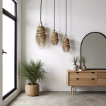Modern entryway with multiple straw pendant lamps in varied sizes