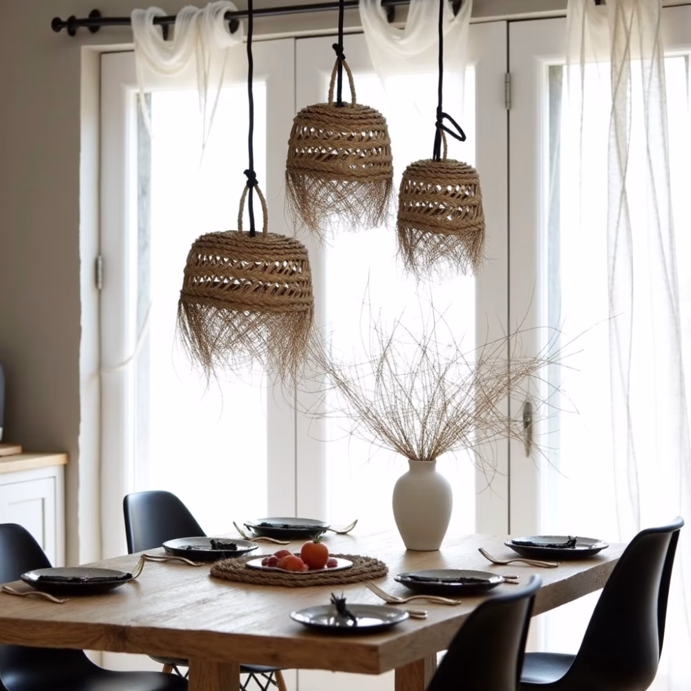 Cluster of straw hanging lights over dining table creating elegant atmosphere
