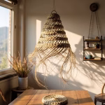 Handmade straw light shade illuminating wooden dining table by sunny window