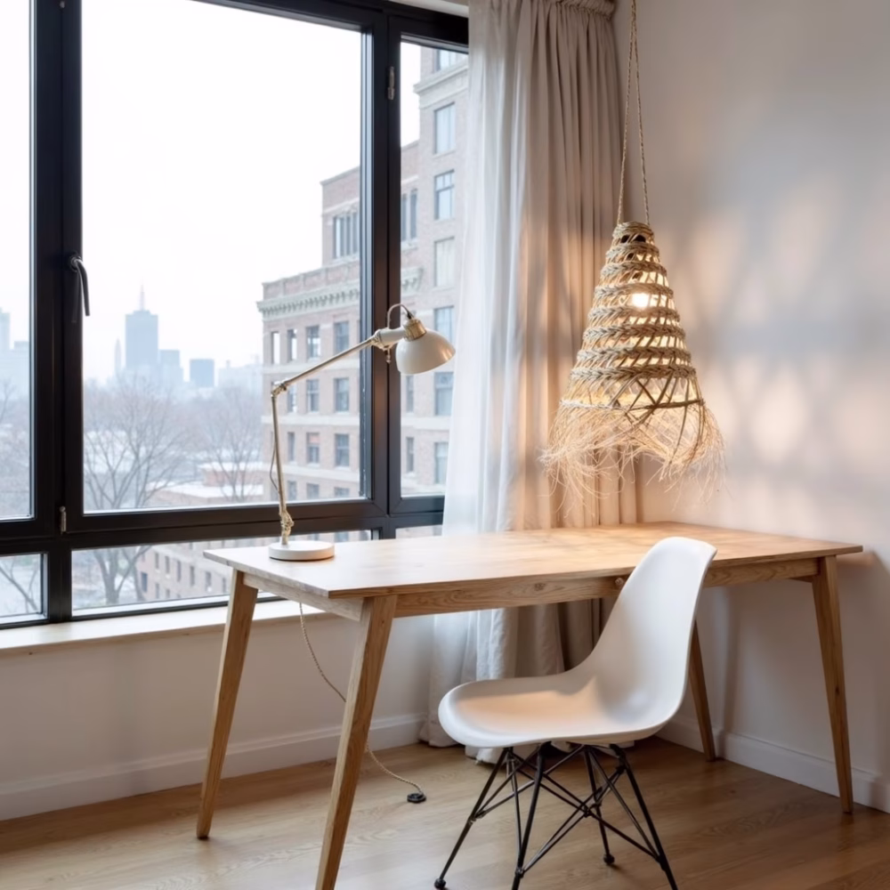 Handwoven straw pendant lamp above wooden desk near city window
