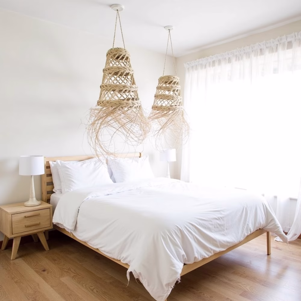 Pair of straw light shades creating warm ambiance in modern bedroom