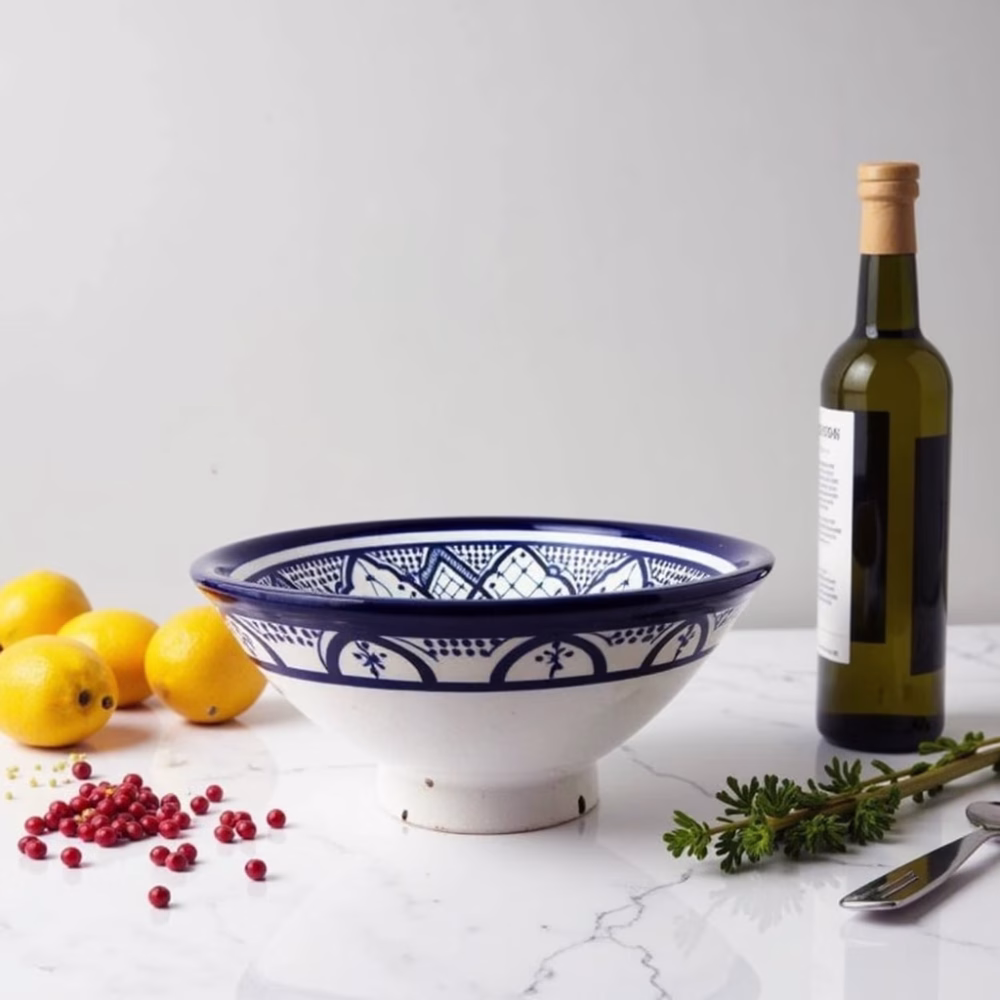 Large Moroccan Salad Bowl - Hand-Thrown and Hand-Painted Blue Beauty