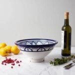 Hand-painted ceramic bowl with olive oil and lemons, blue floral design, artisan serving dish 9.8 inch