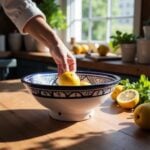 Hand-painted ceramic bowl with lemons in kitchen, blue floral design on white glaze, artisan serving dish
