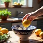 Hand placing lemon in hand-painted ceramic bowl, blue decorative pattern, artisan kitchen serving dish