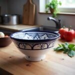 Hand-painted ceramic bowl in kitchen with tomatoes, navy blue pattern on white glaze, artisan dish