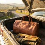 Artisan leather travel bag in the boot of a vintage car, accompanied by tortoiseshell sunglasses and a wool blanket, overlooking rolling countryside hills