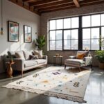 Moroccan boho rug in modern loft living room with geometric patterns, grey sofa, and industrial windows
