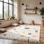 Large Moroccan boho rug featuring zigzag and diamond patterns in industrial loft with grey sectional sofas
