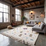 Handwoven boho rug with multicolored tribal designs and tasseled fringe in modern space with tan leather furniture
