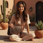 Model styling brown embossed leather shoulder bag with bohemian outfit in desert architecture
