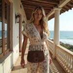 Woman wearing embossed leather shoulder bag crossbody with floral print dress in coastal setting