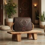Embossed leather shoulder bag displayed on wooden stool in rustic Moroccan interior setting