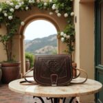 Embossed leather shoulder bag on round table with archway backdrop showcasing Mediterranean aesthetic