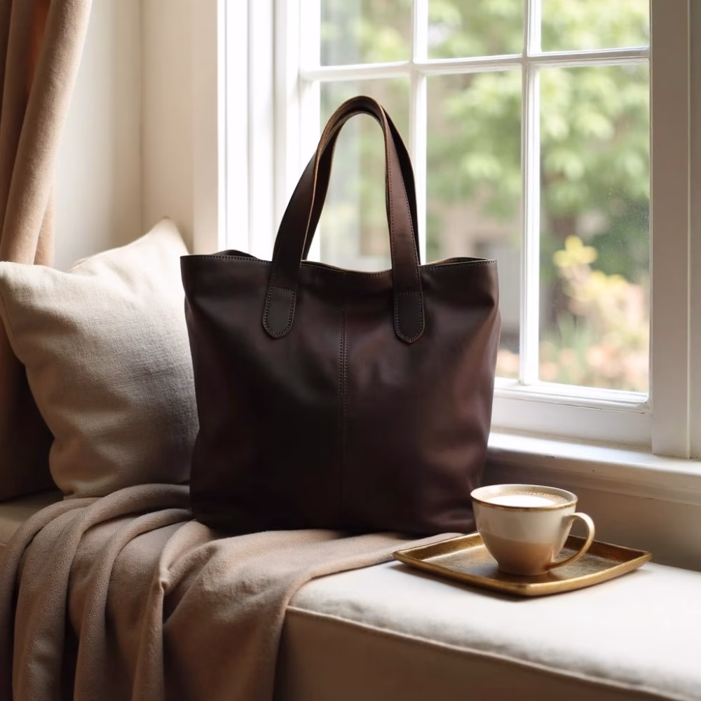 Leather tote bag styled in cozy interior