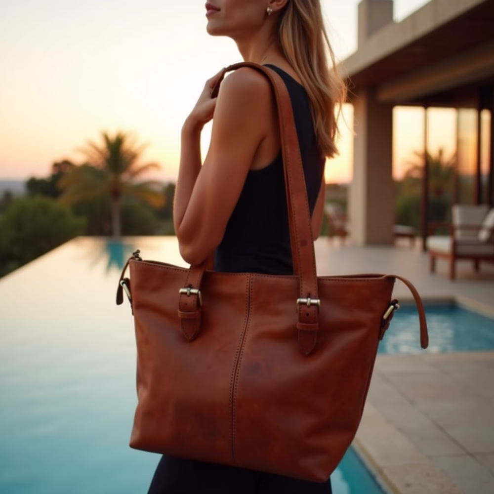 Leather tote bag styled at sunset