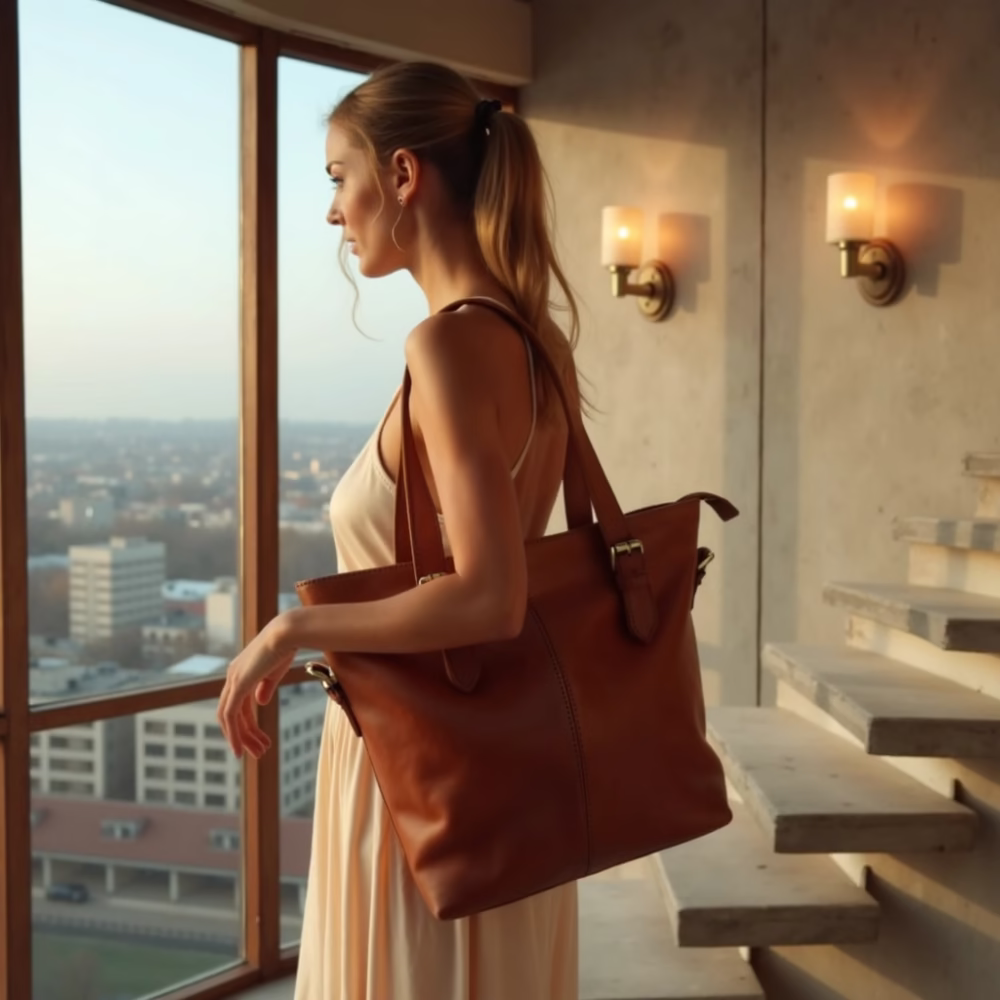 Side view of leather tote bag in modern setting