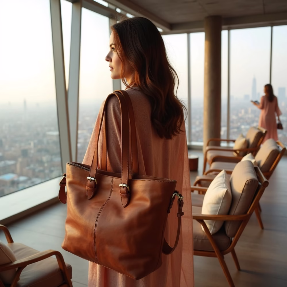 Model carrying leather tote bag with city view