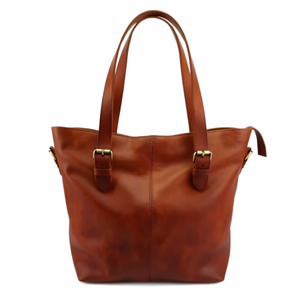 Front view of handcrafted leather tote bag in tan