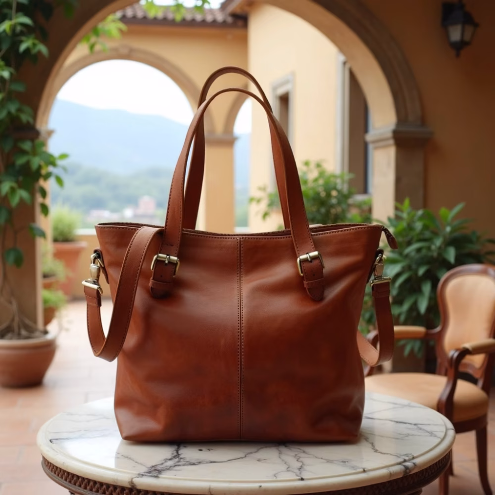 Close-up of tan leather tote bag details