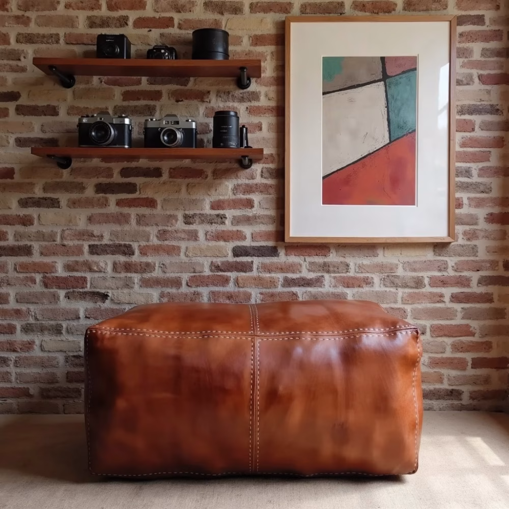 Rectangular leather ottoman pouf with modern wall art display