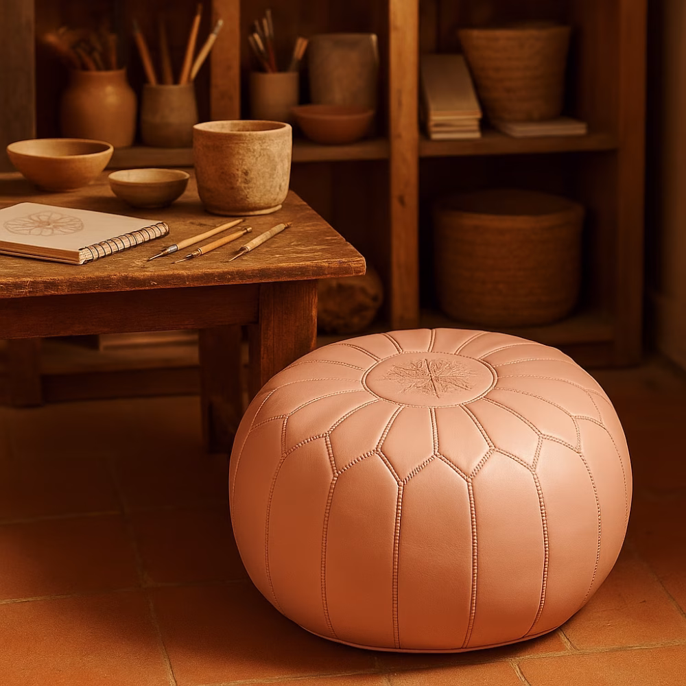 Pink pouf in an artisan studio surrounded by handmade pottery, sketchbooks, and wooden tools for a warm, creative atmosphere.