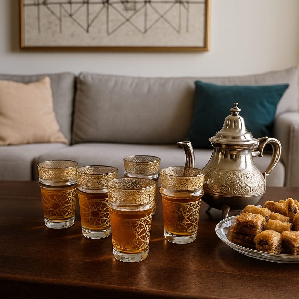 Six gold Moroccan tea glasses filled with amber mint tea next to an engraved silver teapot on a warm walnut coffee table in a cozy living-room setting.
