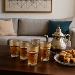 Six gold Moroccan tea glasses filled with amber mint tea next to an engraved silver teapot on a warm walnut coffee table in a cozy living-room setting.