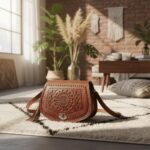 Embossed leather mandala crossbody bag in cognac brown styled on textured rug in bohemian living room interior