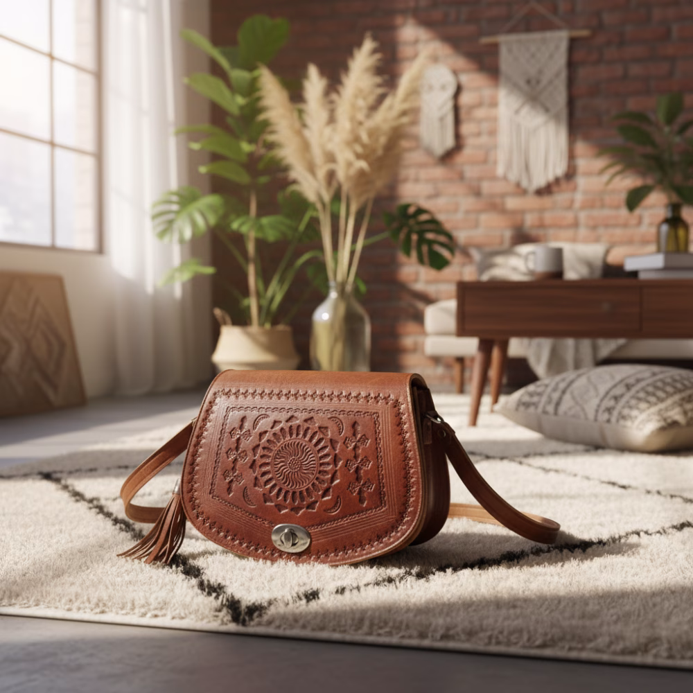 Small leather crossbody bag with Moroccan engraving styled in a bohemian living room setting.