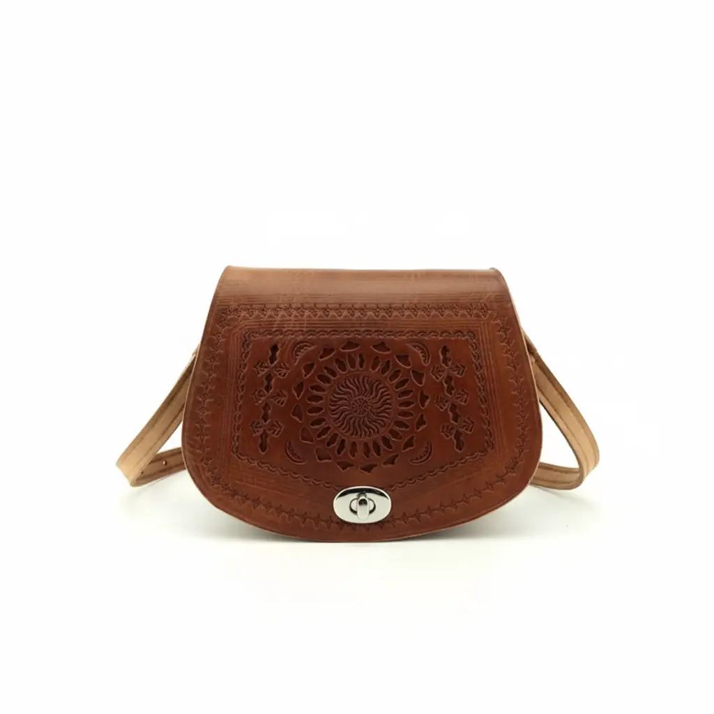 Small leather crossbody bag with hand-tooled Moroccan design and silver clasp on plain background. Embossed leather crossbody bag with handcrafted mandala design in cognac brown with adjustable tan strap
