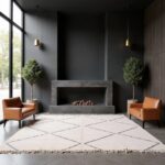 Moroccan carpet 6.5x10 ft featuring geometric diamond pattern in neutral tones for contemporary fireplace area
