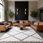 Handwoven Moroccan carpet with diamond design anchoring modern living room with tan leather furniture