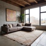 White Moroccan rug with diamond pattern in modern loft living room under gray sectional sofa