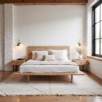 White Moroccan rug with geometric design under platform bed in minimalist bedroom with wood furniture