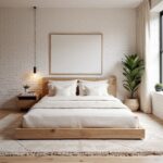 White Moroccan rug diamond pattern in neutral bedroom with wooden bed frame and white painted brick