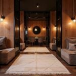 White Moroccan rug with geometric lines in elegant restaurant dining room with warm wood paneling