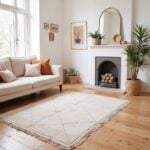 Handmade white Moroccan rug full view showing diamond pattern, fringe edges, and wool texture