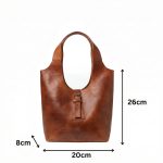 Front view of a dark brown leather shoulder bag in a tote style, displaying dimensions of 35 cm in width, 30 cm in height, and 7 cm in depth. The bag features two large exterior pockets and brass hardware details.