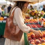 Lifestyle photography of a woman wearing a brown leather shoulder bag while shopping at an outdoor farmers market, shown reaching for fresh fruit.