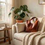 A brown leather shoulder bag resting on a beige sofa in a cozy living room setting, positioned next to a potted monstera plant and a wooden side table.