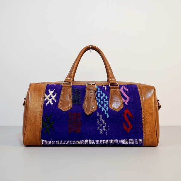 Moroccan blue kilim pattern leather duffle bag