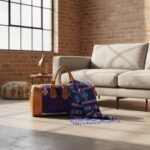 Blue kilim leather duffle bag on floor with matching wool throw blanket, showing detailed handwoven patterns and craftsmanship