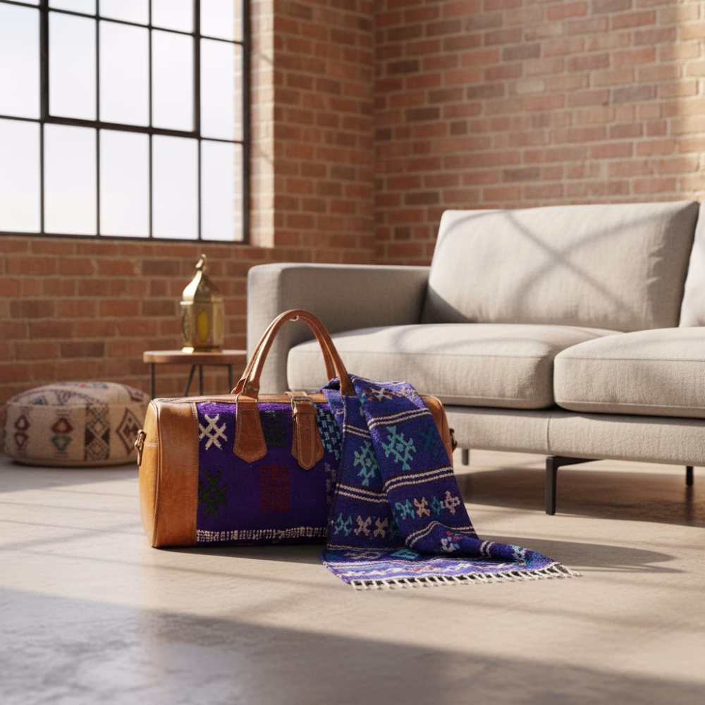 Moroccan blue kilim duffle styled for weekend travel